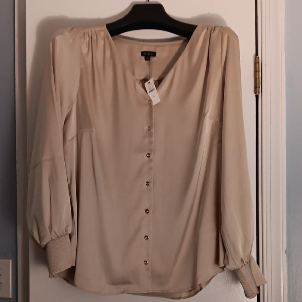 Talbots Beige V-Neck Blouse with Button Detail
